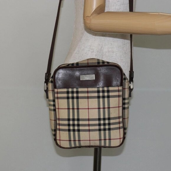 BURBERRY Nova Check Shoulder Bag Canvas Beige Silver Auth